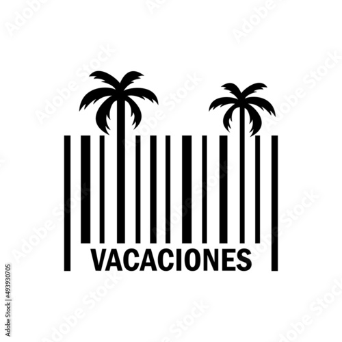 Beach holidays. Destino de vacaciones. Banner con texto Vacaciones en español con silueta de palmera en código de barras en color negro