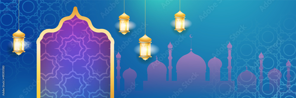 Ramadan style decoration blue gold colorful banner design background