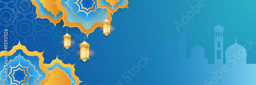 Ramadan style decoration blue gold colorful banner design background