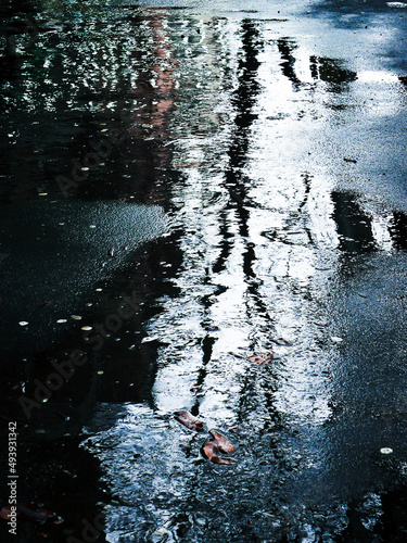 A blurry image of a tree silhouette reflected on water surface.