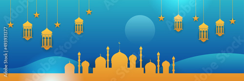 Ramadan style decoration blue gold colorful banner design background