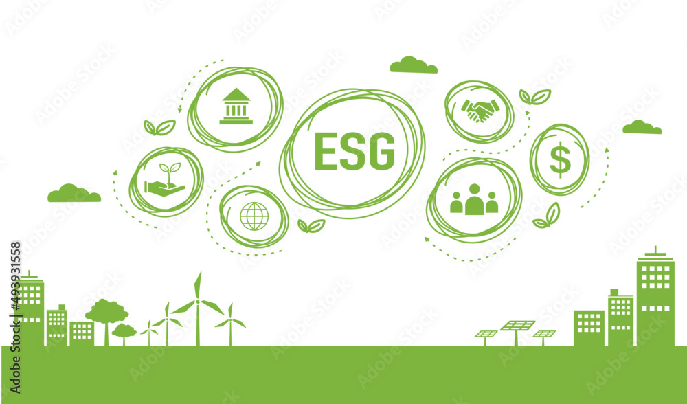 ESG banner web icon for business and organization, Environment, Social, Governance in the sky with green city. ESG banner web icon for business and organization, Environment, Social, Governance in the sky with green city.