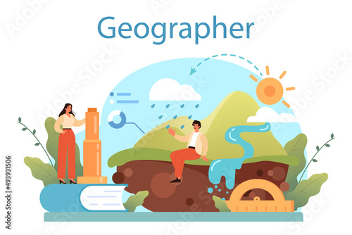 Geographer concept. Studying the lands, features, inhabitants of the Earth. photo