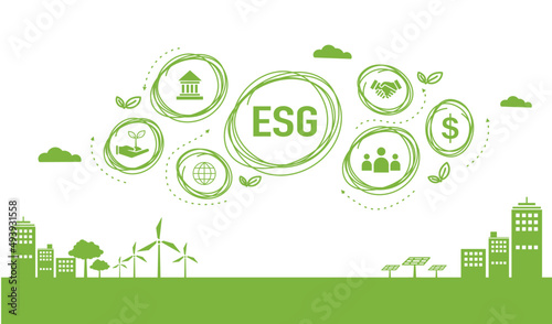 ESG banner web icon for business and organization, Environment, Social, Governance in the sky with green city.