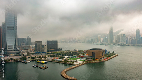 Hong Kong 18 March 2022 Aerial view of West Kowloon Cultural District on a foggy day .