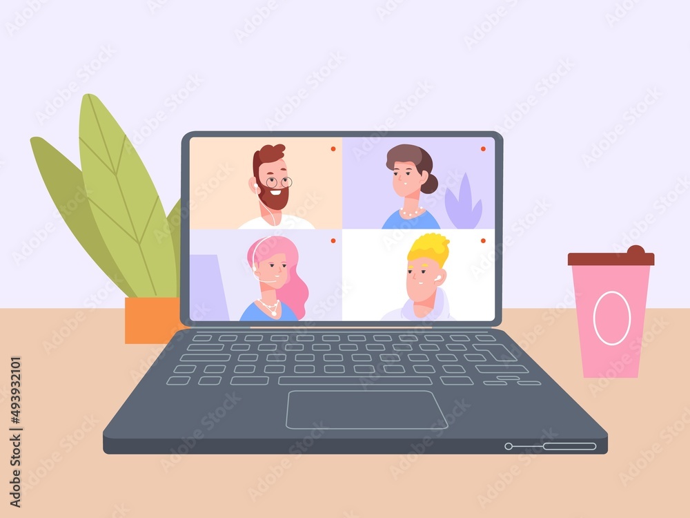 Internet learning team. Online meeting virtual zoom conference in laptop, university chat digital communication, vector illustration Internet learning team. Online meeting virtual zoom conference in laptop, university chat digital communication, vector illustration