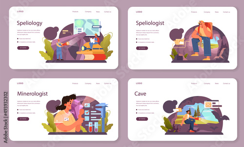 Speleologist web banner or landing page set. Scientst exploring deep