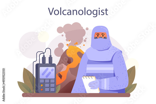 Volcanologist concept. Geologist studying the processes and activity