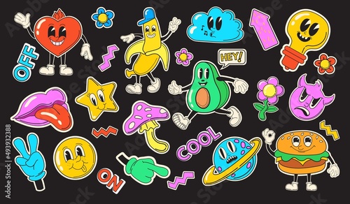 Facial retro sticker. Cartoon patch collage comic face hands, abstract party stickers pack happy fruit avocado burger banana heart modern funny character, neat vector illustration