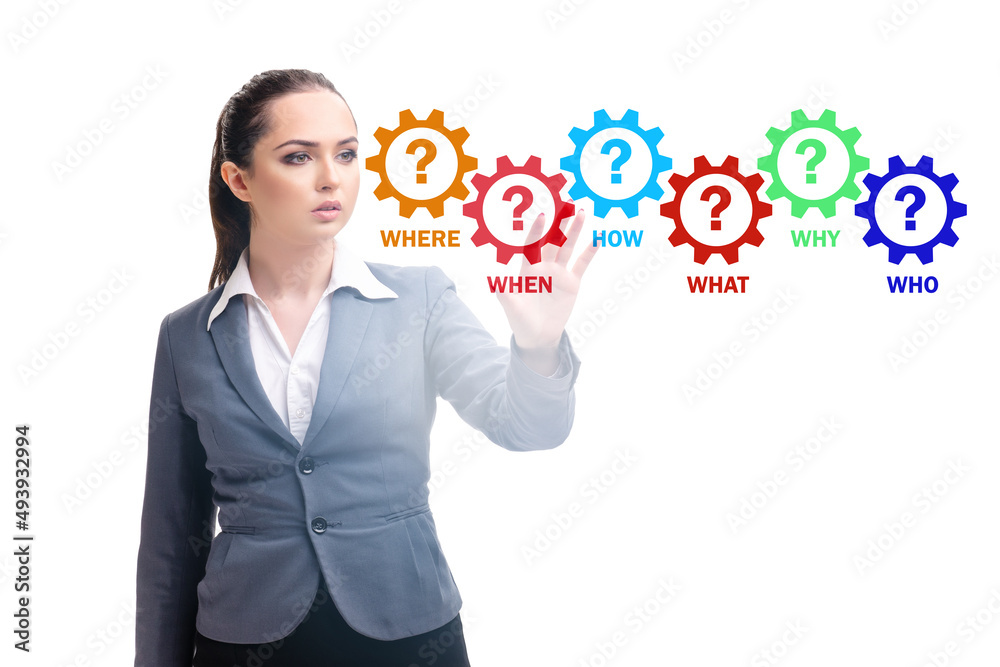 Concept of many different questions asked with businesswoman Concept of many different questions asked with businesswoman