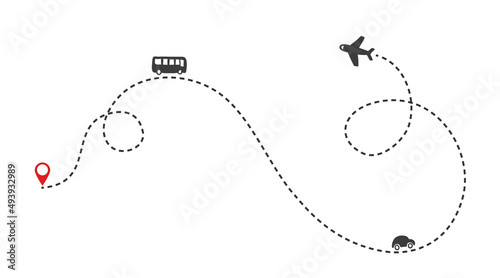 Multiple transportation ways on the route. Airplane flight path with dash line and dash line trace. Bus, plane and car icons. 