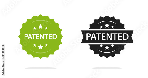 Patent license icon stamp vector or trademark copyrighted product certificate green and black and white flat cartoon illustration, legal seal label or badge isolated graphic
