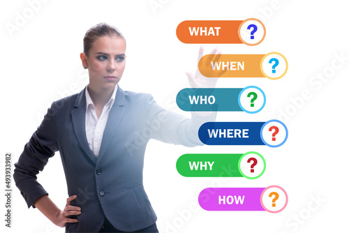 Fototapet Concept of many different questions asked with businesswoman