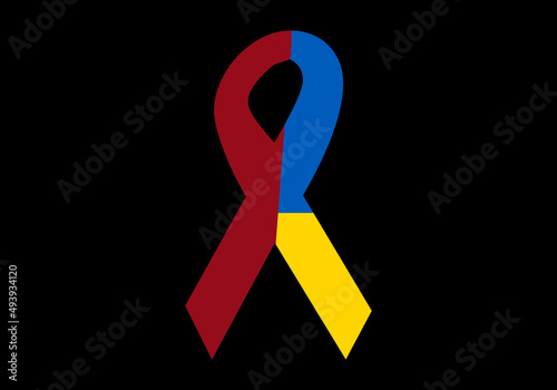 Lazo de solidaridad para rusos y ucranianos sobre fondo negro. Bandera de Rusia y bandera de Ucrania con la silueta de la solidaridad sobre un fondo oscuro