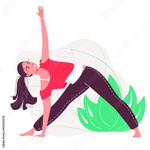 Woman doing yoga. Spiritual practice. Healthy lifestyle. Meditation, mantra, shatkarma, pranayama, asana Vector illustration