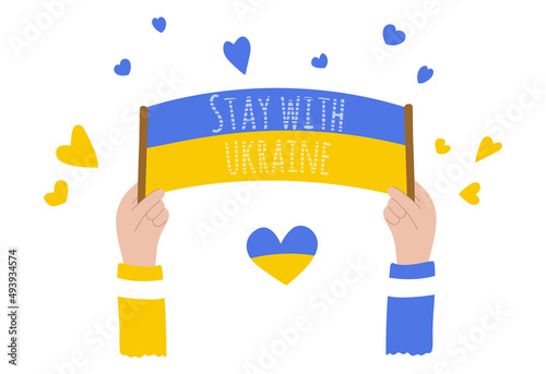 Hand drawn ukrainian flag in hands in color isolated on white background, elements for poster, banner, card, t-shirt. Pray for Ukraine. Social assistance and support. Vector illustration