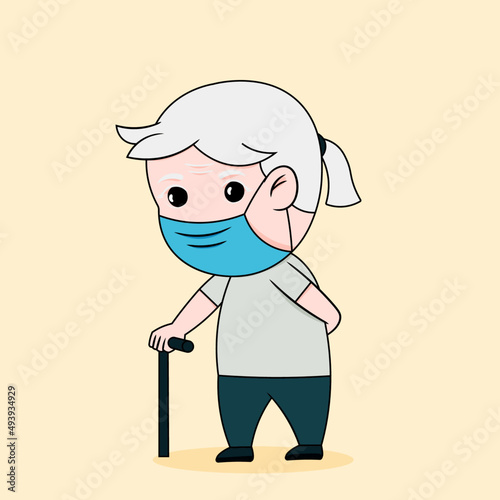 Grandmother holding a walking stick cartoon character,vector,illustration.