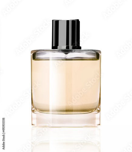 Perfume orange bottle isolated on white background photo