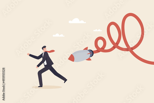 Businessman runs away under broken rocket. Fail startup concept. new business risk or unexpected entrepreneur bankruptcy