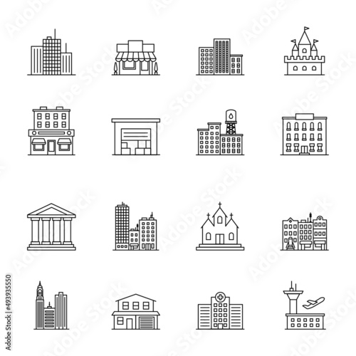 Building Sign Black Thin Line Icon Set Include of Office, Hotel, Skyscraper and Bank. Vector illustration of Buildings Icons