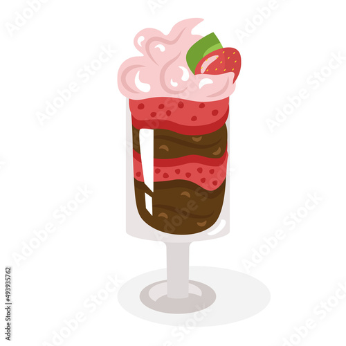 Strawberry trifle, a dessert laid out in layers in a glass glass, decorated with whipped cream and berries. Cute, cozy vector illustration. For a holiday card, banner, menu, coffee shop flyer.