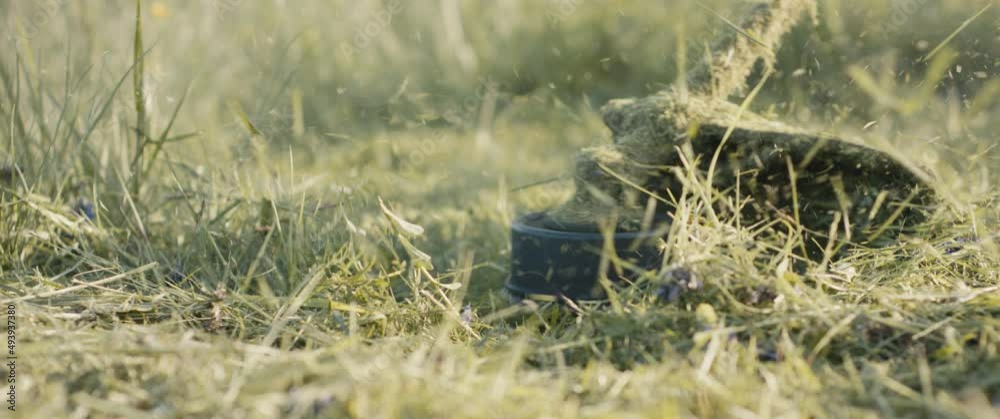 Grass mower machine mow spring evening light in slow motion close up Grass mower machine mow spring evening light in slow motion close up