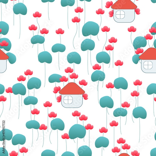 Seamless pattern cartoon houses in the thickets of lotus on a white background.