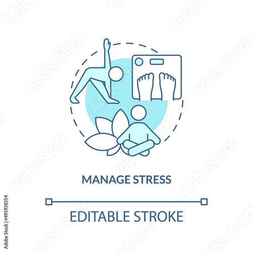 Manage stress turquoise concept icon. Maintaining weight after low carb diet abstract idea thin line illustration. Isolated outline drawing. Editable stroke. Arial, Myriad Pro-Bold fonts used