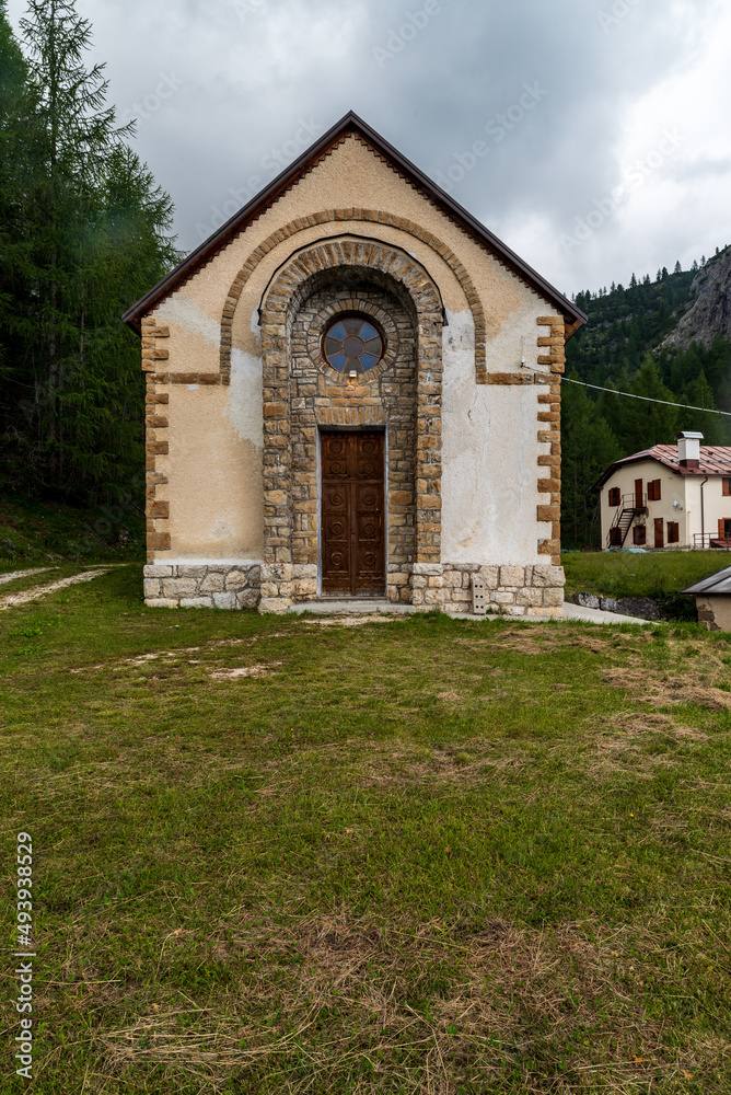 Stone chapel in Pian di Falzarego in the Dolomites
