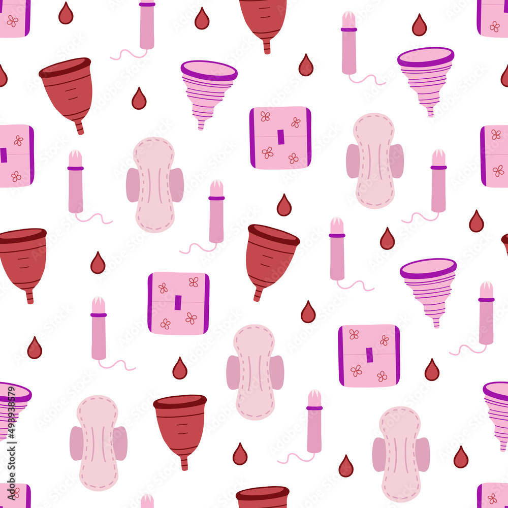 Women hygiene and health seamless pattern, menstruation period, sanitary pad, tampon, menstrual cup. Vector Illustration for backgrounds, cover, packaging, greeting cards, textile and seasonal design. Women hygiene and health seamless pattern, menstruation period, sanitary pad, tampon, menstrual cup. Vector Illustration for backgrounds, cover, packaging, greeting cards, textile and seasonal design.