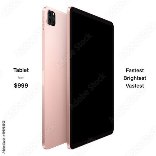 tablet pink color with black touch screen saver and backside view isolated on white background. mockup of realistic and detailed device. vector 3d isometric illustration