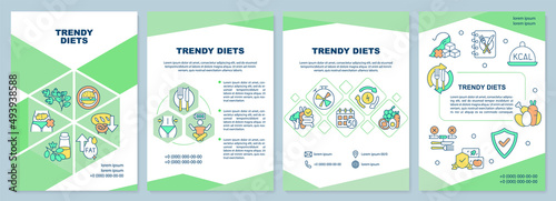 Trendy diets brochure template. Healthy nutrition and eating. Leaflet design with linear icons. 4 vector layouts for presentation, annual reports. Arial-Black, Myriad Pro-Regular fonts used