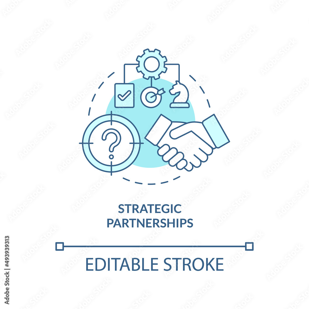 Strategic partnerships turquoise concept icon. Cooperate growth. Business development abstract idea thin line illustration. Isolated outline drawing. Editable stroke. Arial, Myriad Pro-Bold fonts used