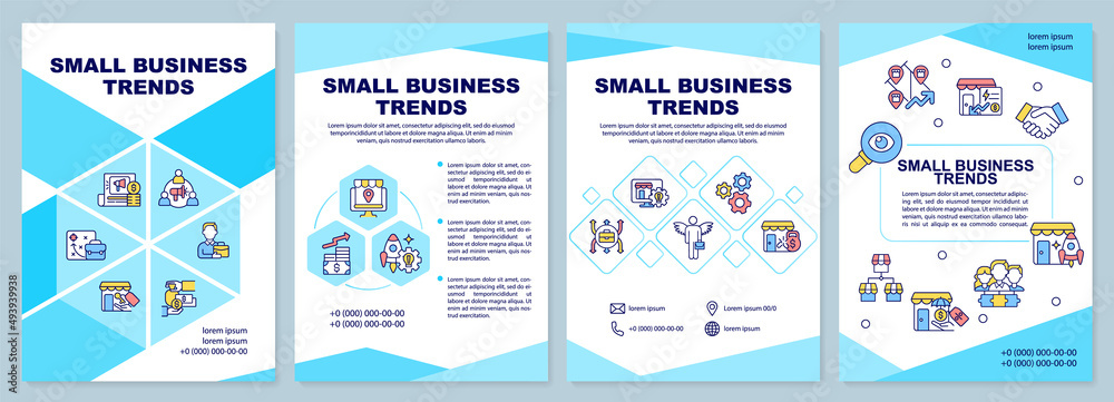 Small business trends blue brochure template. Companies development. Leaflet design with linear icons. 4 vector layouts for presentation, annual reports. Arial-Black, Myriad Pro-Regular fonts used