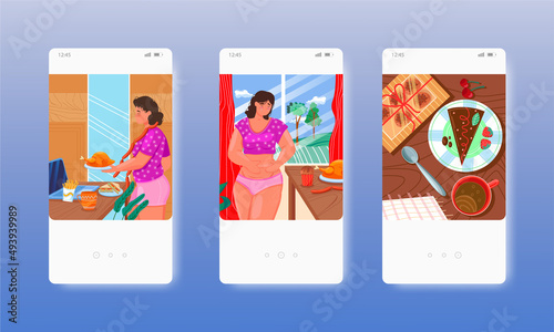 Compulsive overeating. Binge eating. Obesity. Mobile app screens, vector website banner template. UI, web site design.