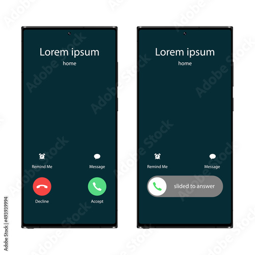 Phone incoming call user interface ui. Slide to answer, accept, decline, message and reminder. Touch screen interaction.