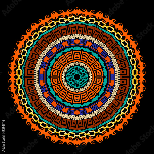 Ethnic greek zippers chains mandala pattern. Ornamental colorful vector background. Tribal backdrop. Fractal round ornament. Abstract shapes  circles  frames  borders  greek key  meanders  waves