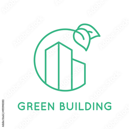 Green building line icon. Residential building inside circle with leaves. Environmental friendly construction industry. Modern ecological skyscraper architecture. Vector illustration, flat, clip art. 