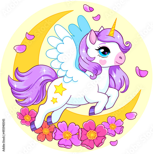 Magical winged pony with moon and anemone flowers. Vector illustration