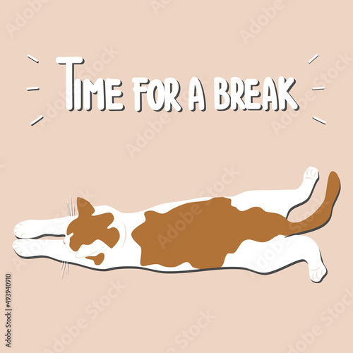 cute hand drawn lettering time for a break text with cartoon character cat vector illustration