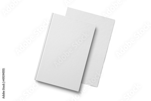top view blank a5 book and a5 paper mockup isolated on white background © MQQN