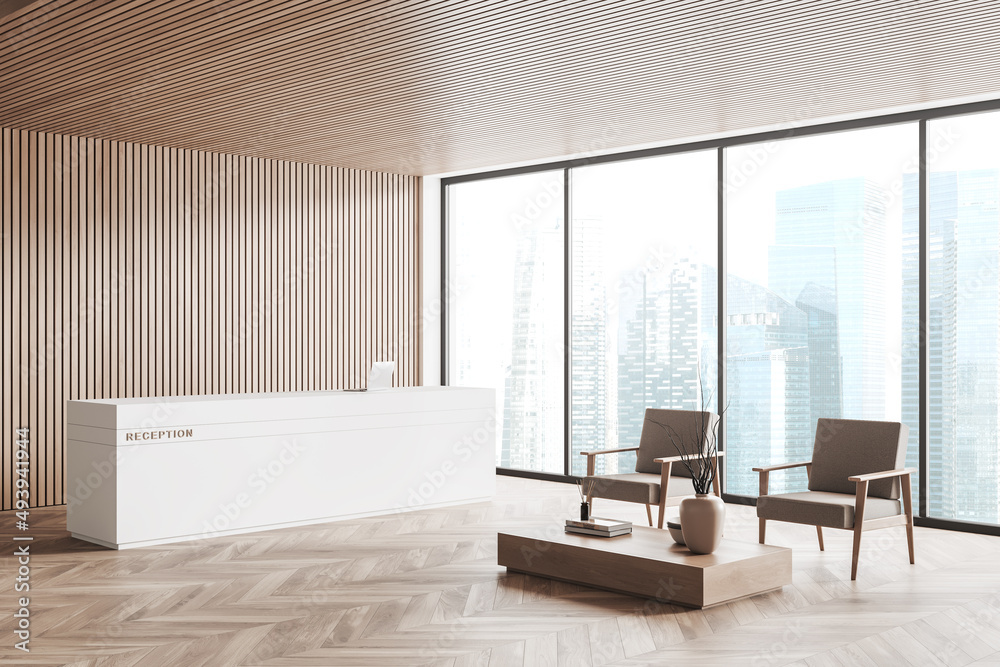 Corner view on bright office reception interior with panoramic window Corner view on bright office reception interior with panoramic window