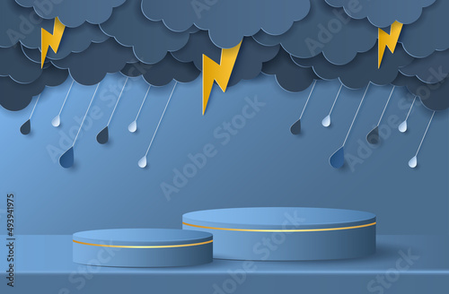 Paper cut of dark blue color cylinder podium for products display presentation and clouds, rain drops with lightning, copy space. Vector illustration