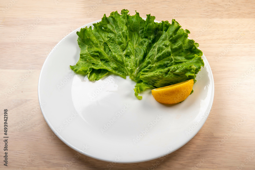 白い皿にレタスとレモン　合成用素材