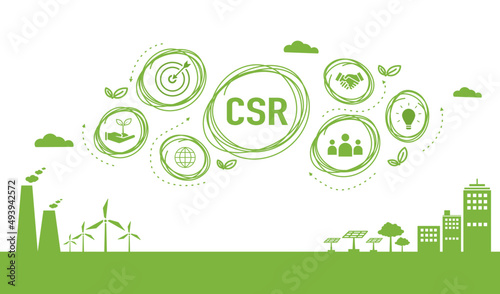 CSR Banner web icon for business and organization, Corporate social responsibility and giving back to the community on green sky with green city.