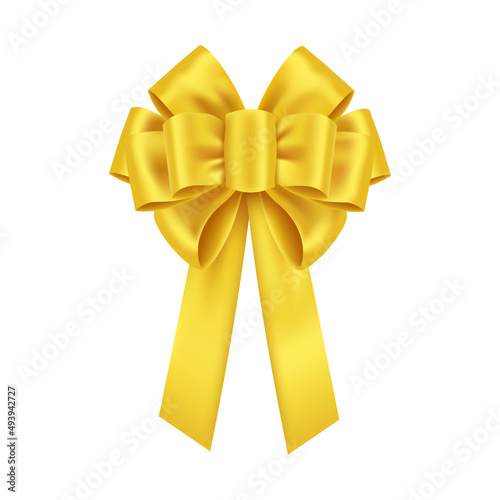 A yellow or gold holiday bow, decorative ribbon for a gift or event.