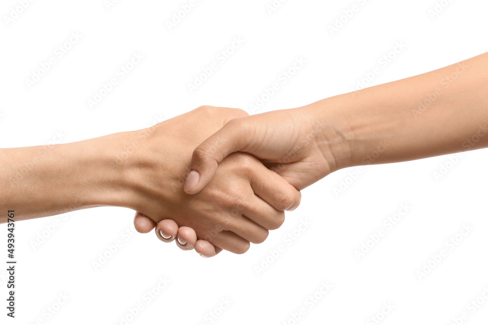 Women shaking hands isolated on white