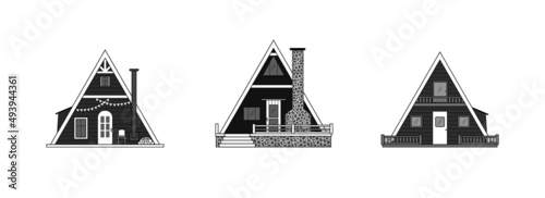Set of black and white triangular cabins. Icons of modern tiny houses isolated on white background.