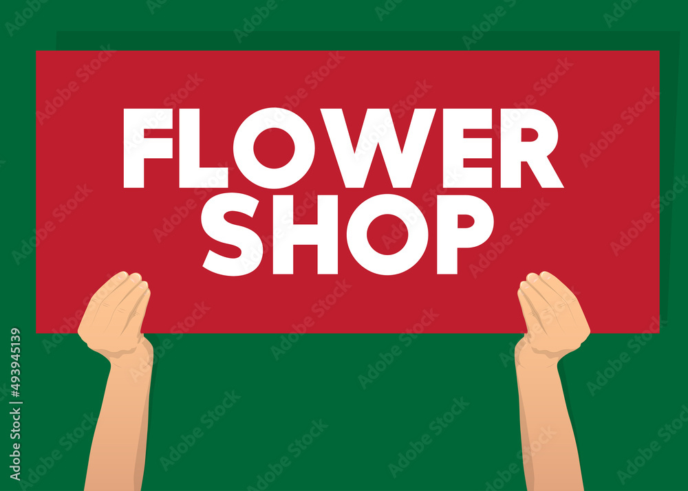 Hand holding banner with Flower Shop text on paper. Man showing billboard. Hand holding banner with Flower Shop text on paper. Man showing billboard.