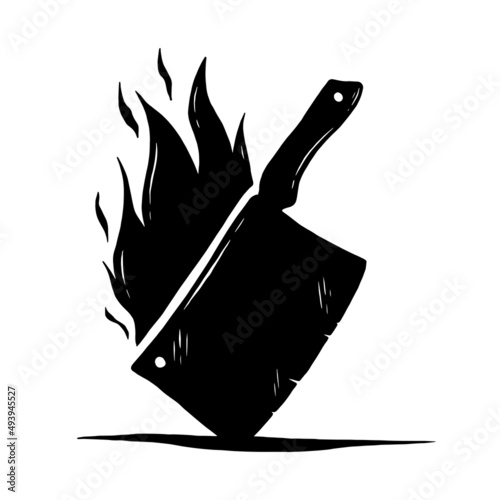 Meat cleaver in flames, hand-drawn illustration of a butcher.
